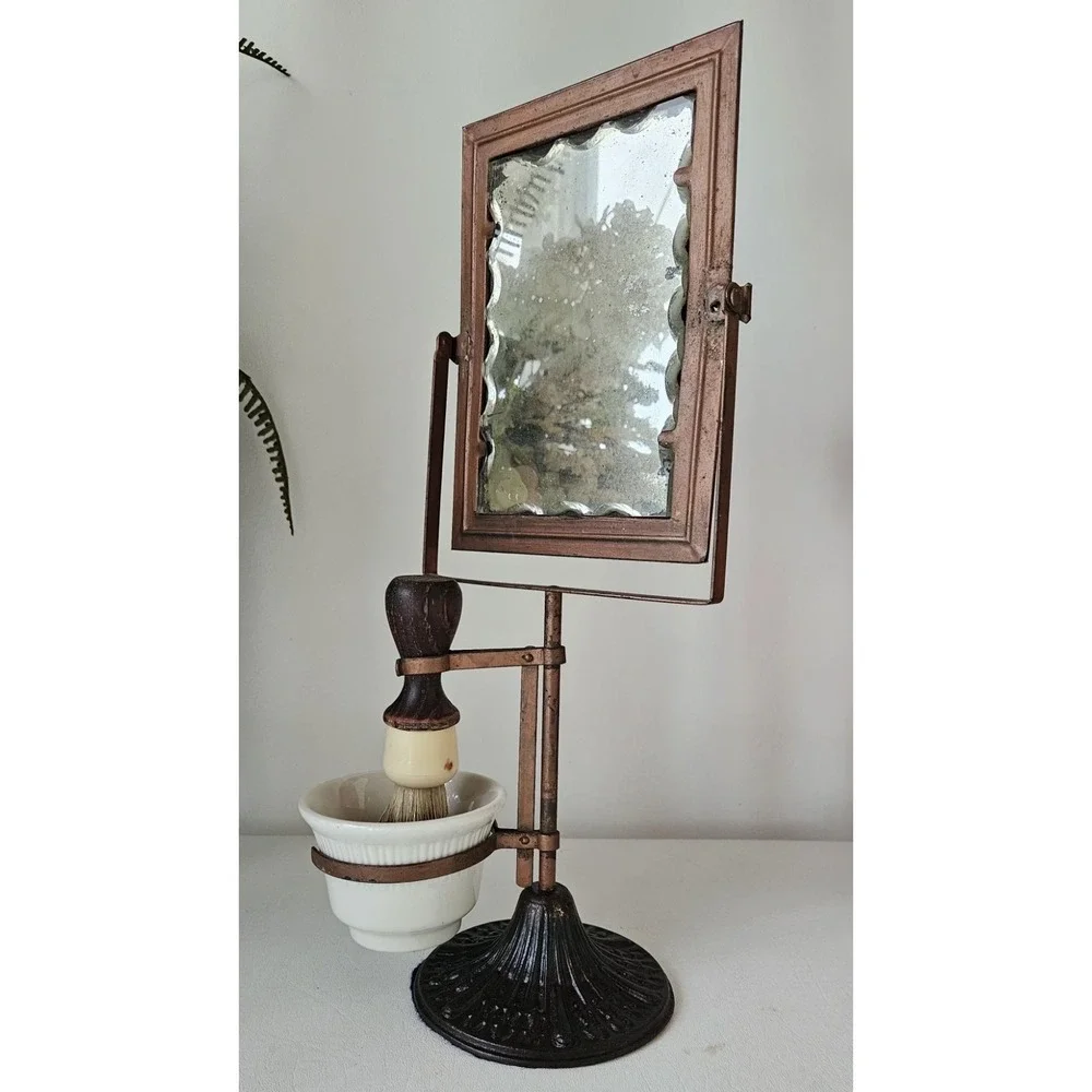 Antique Shaving Set Scalloped Edge Mirror Mug & Brush Holder Americana